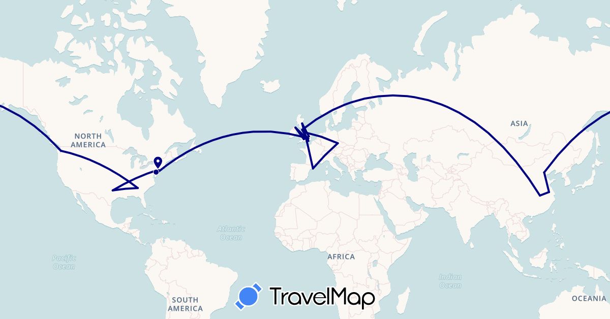 TravelMap itinerary: driving in China, Czech Republic, Spain, United Kingdom, United States (Asia, Europe, North America)